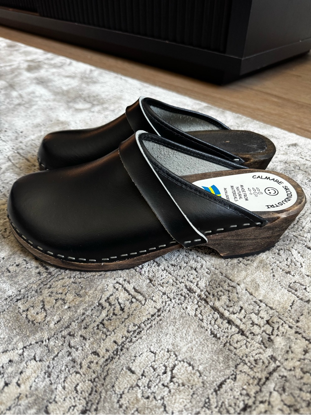 Calmare Black Leather Clogs with Wooden Sole